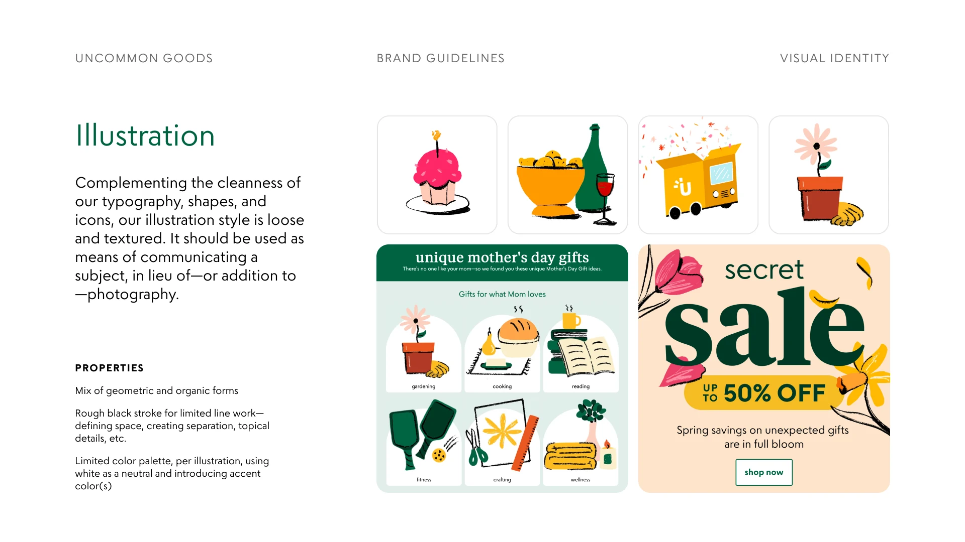 Uncommon Goods brand guidelines — the illustration system: loose, textured, hand-drawn, with palette and line-quality rules
